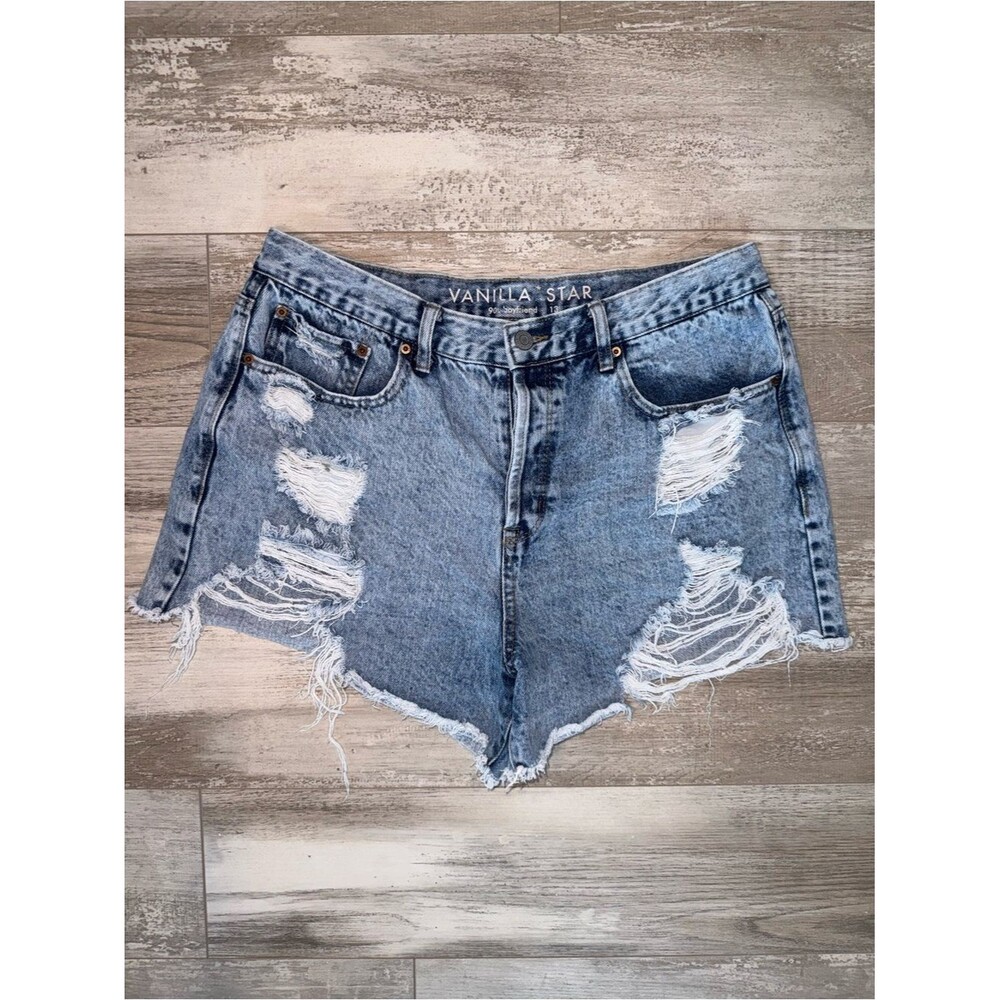 90s Boyfriend Distressed Denim Shorts Light Wash Frayed Raw Hem Festival Size 13 - Picture 3 of 8